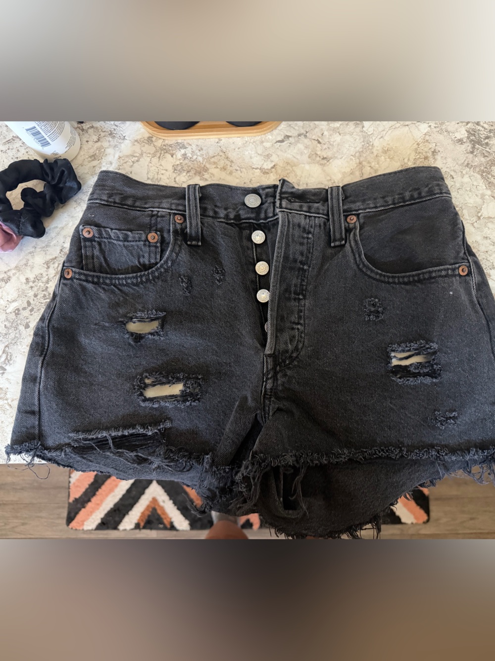 High-Rise Distressed Black Denim Jean Shorts